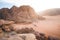 Jordan national park Wadi Rum desert. Beautiful view and panoramatic picture. Natural background. Sunset in a desert