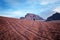 Jordan national park Wadi Rum desert. Beautiful view and panoramatic picture. Natural background. Sunset in a desert.