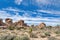 Joshua Tree National Park with giant rocks and tree yuccas on a desert landscape