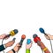 Journalism concept vector illustration in pop art comic style. Set of hands holding microphones and voice recorders. Hot