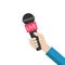 Journalist hand holding microphones performing interview. Illustration of microphone for news, broadcasting live news.