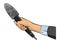 Journalist in pop art comic style, hand hold microphone. Voice recorder in hand of reporter. Press conference or