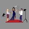 Journalists, reporters interviewing celebrity flat vector illustration. Interviewers with microphones asking movie star, female