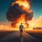 Journey into Chaos: Man Walking Toward the Explosion. AI Generated