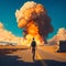 Journey into Chaos: Man Walking Toward the Explosion. AI Generated