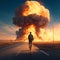 Journey into Chaos: Man Walking Toward the Explosion. AI Generated