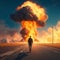 Journey into Chaos: Man Walking Toward the Explosion. AI Generated