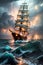 The Journey of a Classic Wooden Sailing Ship in a Stormy Sky, Clouds and Lightning amid Choppy and Turbulent Seas. AI generated
