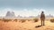 journey man travel walking adventure arid landscape trek hike desert backpack. Generative AI.
