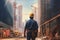 journey of a worker walking towards skyscraper construction site, generative AI