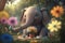 Jovial elephant having a picnic in a flowery meadow