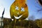 Jovial smiling face on a yellow autumn leaf in the wind. Changing seasons, mental health, and seasonal affective