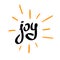 Joy word calligraphic logo with scattered rays.