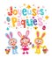 Joyeuses Paques Happy Easter in French greeting card with cute kids Easter bunnies