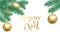 Joyeux Noel French Merry Christmas trendy golden calligraphy and fir branch wreath on white snow background for winter holiday des