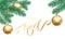 Joyeux Noel French Merry Christmas trendy golden quote calligraphy and fir branch on white snow background for winter holiday desi