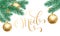 Joyeux Noel French Merry Christmas trendy golden quote calligraphy and fir branch on white snow background for winter holiday desi