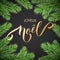 Joyeux Noel French Merry Christmas trendy golden quote calligraphy and fir branch wreath on black premium background for winter ho
