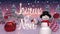 Joyeux Noel text and snow falling over winter landscape