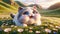 Joyful animated cat playing in vibrant meadow sunset