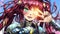 A joyful anime-style girl with long red hair with pigtails, she smiles broadly and shows two fingers, she has different eyes,