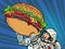 Joyful astronaut man and a huge burger. Street food fast food. Hungry man Happiness positive smile