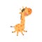 Joyful baby giraffe in playing action. Cartoon character of wild animal with long neck and spotted body. Colorful flat