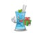 Joyful blue hawai cocktail cartoon character with a big gift box