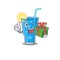 Joyful blue lagoon cocktail cartoon character with a big gift box