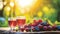 Joyful bokeh backdrop featuring a bountiful picnic spread with finger foods and sparkling beverages