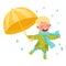 Joyful Boy Character in Rubber Boots and Raincoat Walking with Umbrella Vector Illustration