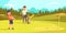 Joyful Boy is Hitting Ball with Golf Clubs, Aiming at Hole.