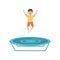 Joyful boy jumping on a trampoline with hands up. Children leisure. Active recreation. Flat vector design