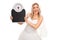 Joyful bride holding a weight scale