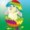 Joyful bright rabbit in egg shell. Design for decoration and greeting cards for Easter, mascot, emblem, decoration of books