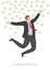 Joyful businessman jumping with happiness under falling money bills. Business success concept vector illustration