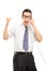 Joyful businessman talking on telephone