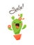 Joyful cactus reports a sale. Vector illustration in cartoon style