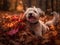 Joyful Canine Frolic: Dog Playing in Autumn Leaves