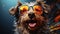 Joyful canine: whimsical sunglasses. Created with Generative AI