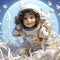 Joyful Cartoon Astronaut Child: Adorable Cosmic Adventure in a Miniature Space Suit with a Radiant Smile.