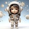 Joyful Cartoon Astronaut Child: Adorable Cosmic Adventure in a Miniature Space Suit with a Radiant Smile.