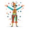 Joyful cartoon clown welcoming audience circus show. Festive clown colorful costume