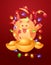 Joyful cartoon ox with colorful garland, gold ingot and traditional Chinese hat. Chinese new year mascot. Symbol of the