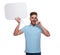 Joyful casual man with speech bubble talks on the phone