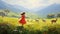 Joyful Celebration Of Nature: Photorealistic Painting Of A Girl Running For Deers