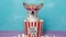 A joyful chihuahua wearing pink glasses sits in a popcorn bucket. Concept Pet Photography, Dogs in