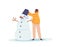 Joyful Child Character Sculpting A Snowman With Carrot Nose And Bucket Hat In The Snowy Playground, Vector Illustration