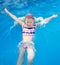 Joyful child splashing into swimming pool in summer