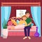 Joyful couple relaxed home cozy sofa, people spend time together watching an interesting movie, cartoon vector